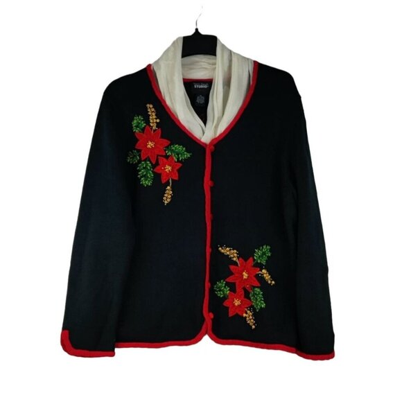 VTG 90s Christmas Sweater Cardigan L Design Originals Studio Joy Poinsettias - Picture 1 of 15